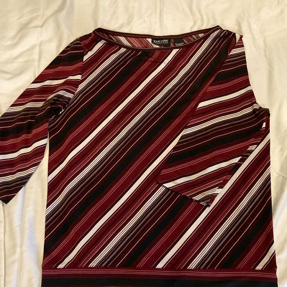 New York & Company Burgundy and Black Diagonal Striped Top